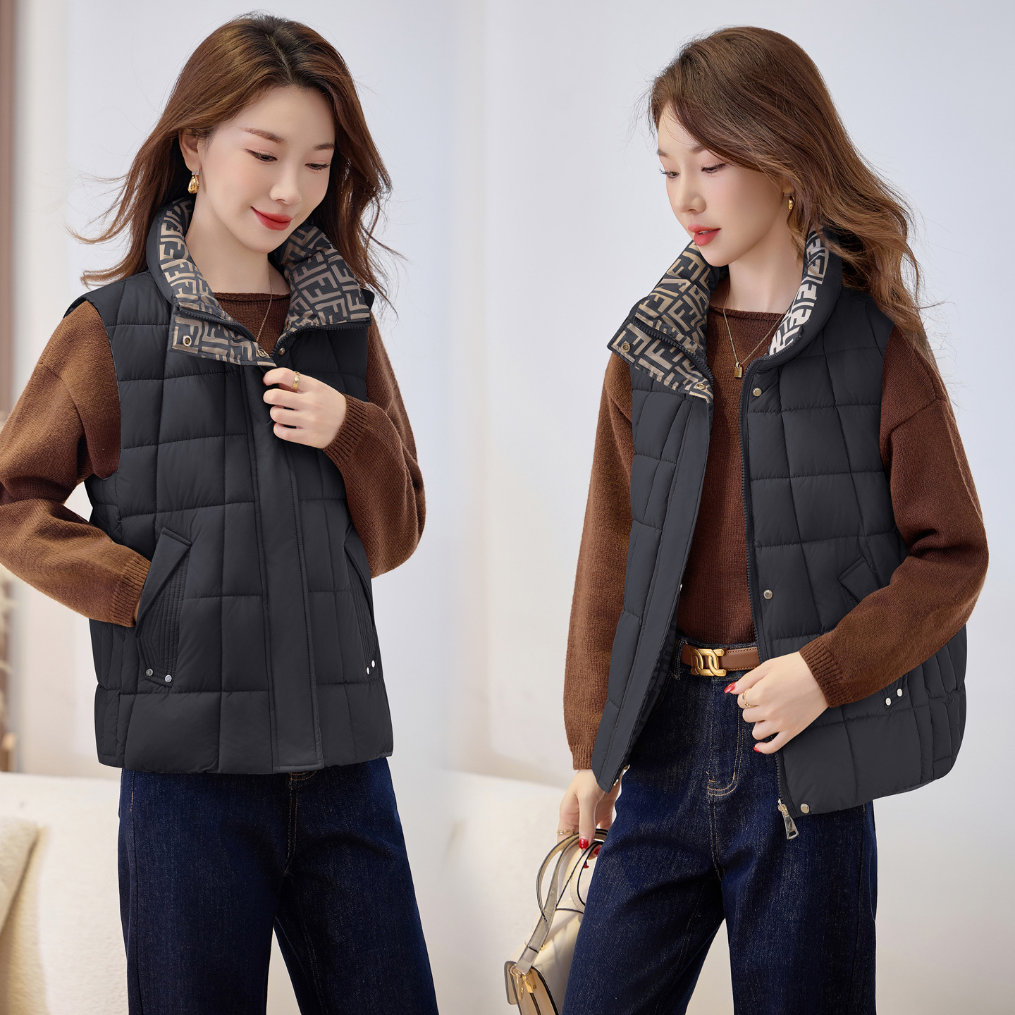 Los dos lados usan un chaleco de algodón de plumón de estilo europeo y americano, chaleco de invierno corto de 2025 con cuello vertical, chaqueta gruesa de hombro de mediana edad image 4