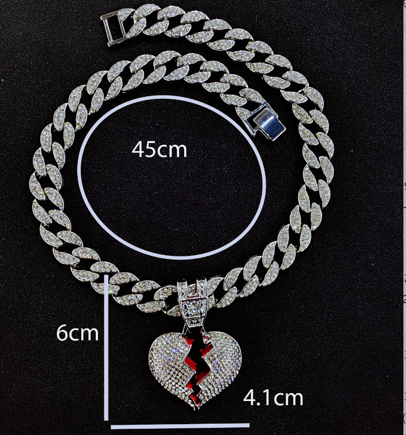 Collar personalizado con colgante de corazón roto con diamantes, estilo hip-hop europeo y americano, cadena cubana, cadena para clavícula, unisex, con diamantes incrustados.