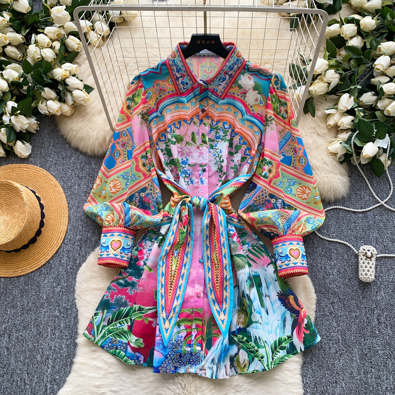 Women's Bohemian Print Dress Korean Style Long Sleeve Shirt Collar Tie Waist Cinching a Line Skirt for Vacation Summer_ecoleips.com