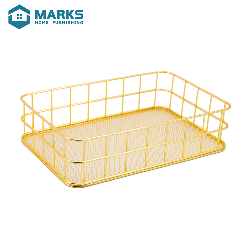 日式铁艺玫瑰金收纳筐桌面整理篮杂物护肤品小物件收纳架置物篮
