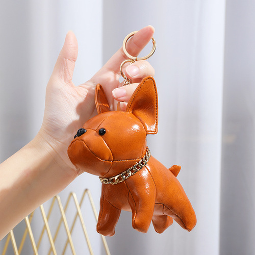 Cross-border wholesale leather cartoon puppy keychain French Bulldog creative PU exquisite ornaments cross-border Bulldog pendant