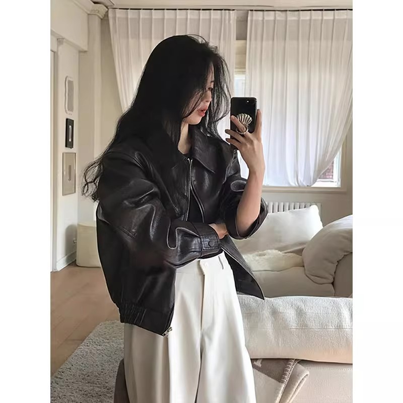 Korean Dongdaemun Leather Jacket for Women 2025 Autumn and Winter New Short Retro Loose Slimming Biker Pu Jacket