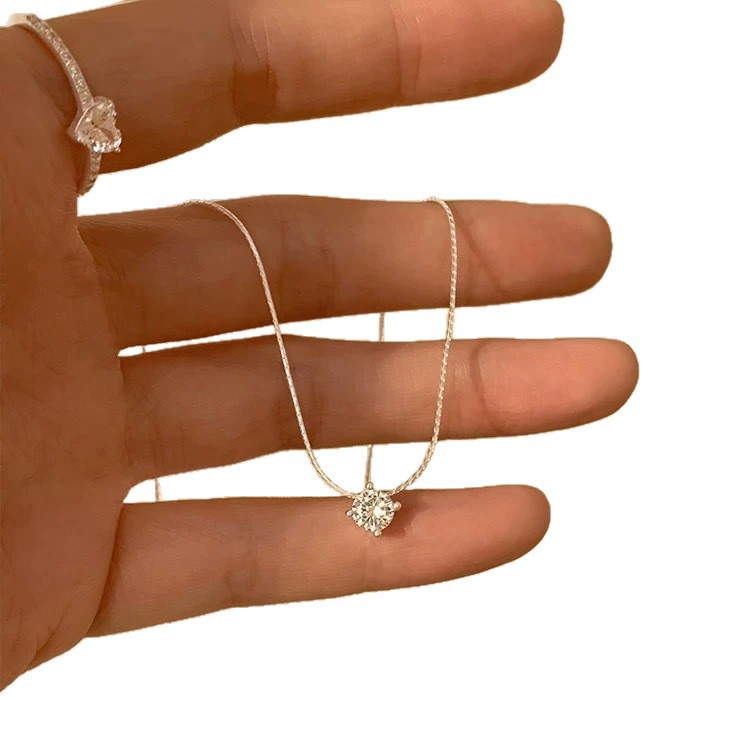 Four-pronged Solitaire Diamond Necklace S925 Sterling Silver Simple Fashion Light Luxury Niche High-end Versatile_voghion.com