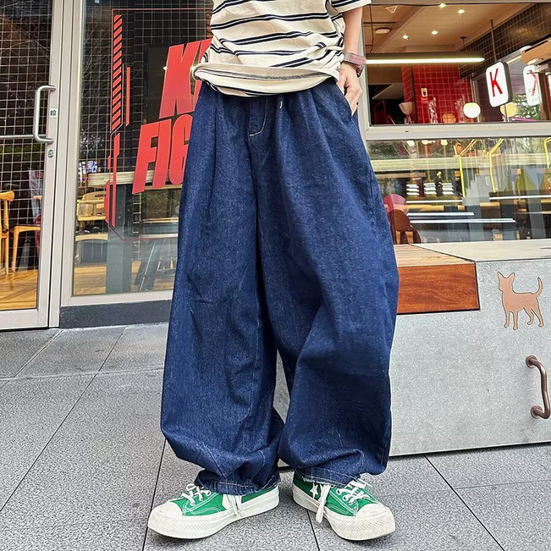 Japanese-Style Workwear Jeans for Men and Women with Elastic Waist, Loose Fit, Plus-Size Tapered Lantern Pants, Same Style as Wide-Leg Pants
