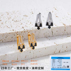 轻奢高级感S925纯银几何图形耳环 黑色烤漆镶嵌5A锆石镀24K金耳饰