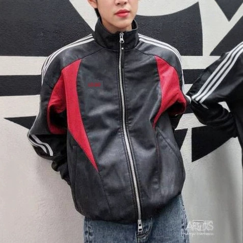 美式复古三条杠拼接PU皮衣男立领拉链外套秋冬机车夹克撞色上衣