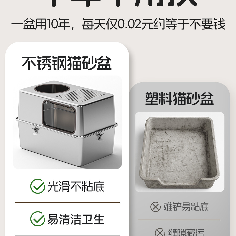 特大号不锈钢猫砂盆防外溅猫屎盆全封闭可拆卸两用猫厕所宠物用品