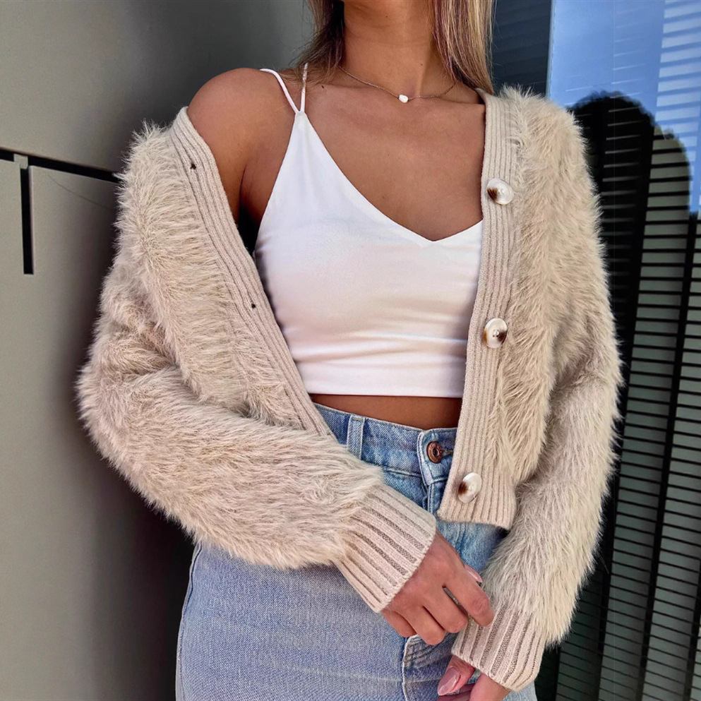 Women’s Faux Fur Knit Cardigan – Oversized V-Neck Open Front Sweater With Pearl Buttons (S-XL, Ribbed Cuffs, Cashmere-Like Touch)_voghion.com