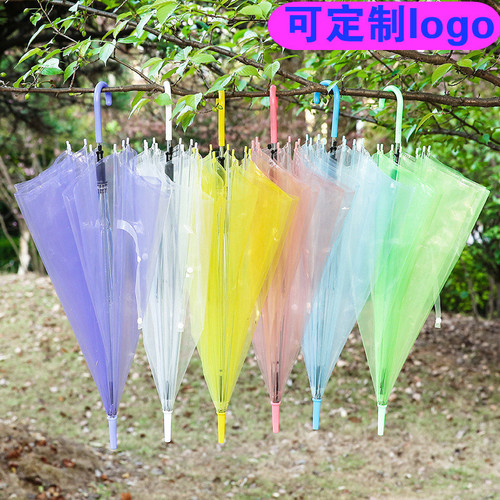 Creative PVC transparent umbrella with logo printing disposable ring umbrella wholesale 8 bones colored straight rod handle long umbrella 