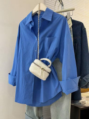 クロスボーダー女性用シャツ、レイヤードトップス、春夏韓国風ゆったり日焼け止めポロカラー長袖シャツジャケット