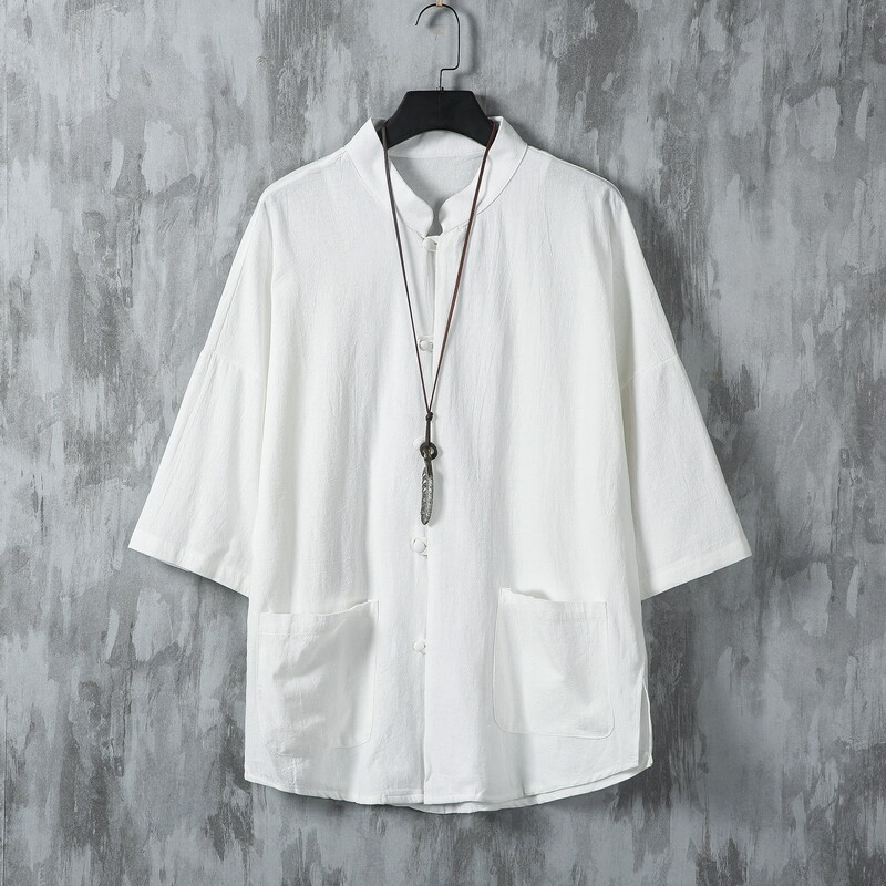 2025 Summer Men's Cotton Linen Simple Shirt Half-sleeve Shirt Mid-sleeve Printed Collar Tang Chinese Style