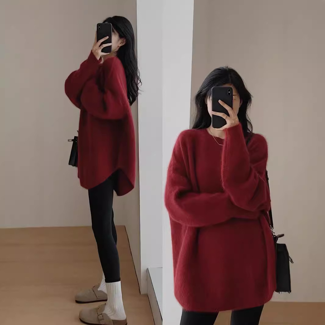 Damenbekleidung Herbst und Winter Split Design Strickpullover Einfarbige Oberteile Mittellanger Pullover_voghion.com