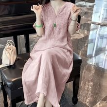 重工刺绣V领连衣裙民族风夏季跨境新款宽松显瘦气质短袖女士长裙