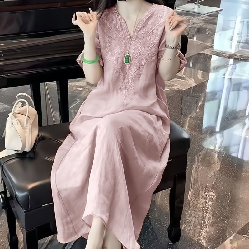 [Source Factory] New Chinoiserie Heavy Embroider V Neck Dress Summer New Loose Slimming Look Skirt