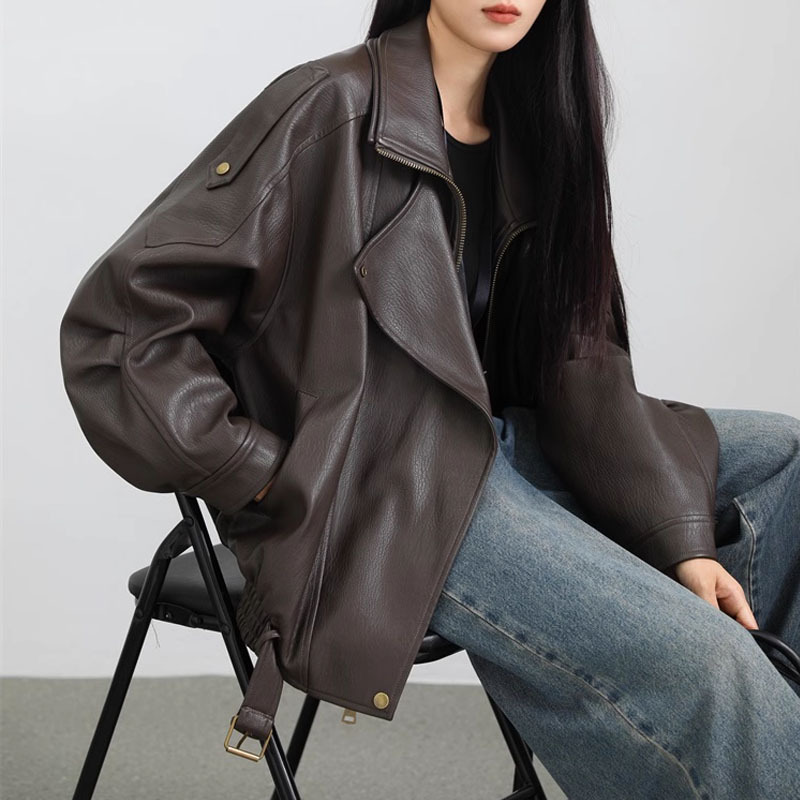棕色皮衣外套女2025新款美式酷飒风机车宽松高级感超火咖色皮夹克|undefined