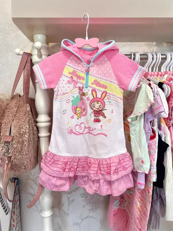 日本製メゾピアノかわいい娘服レプリカサマーピアノウサギフード付き半袖TシャツスカートプリントAラインスカート|undefined