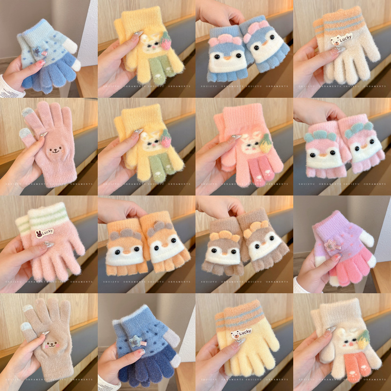 Invierno guantes de dedos para niños niños lindos guantes de punto de dedo para niños niños calientes niñas y niños de lana guantes de punto para estudiantes