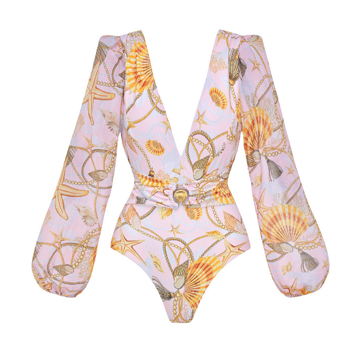 Women's Long-sleeve Shell Print Swimsuit With Built-in Bra_voghion.com