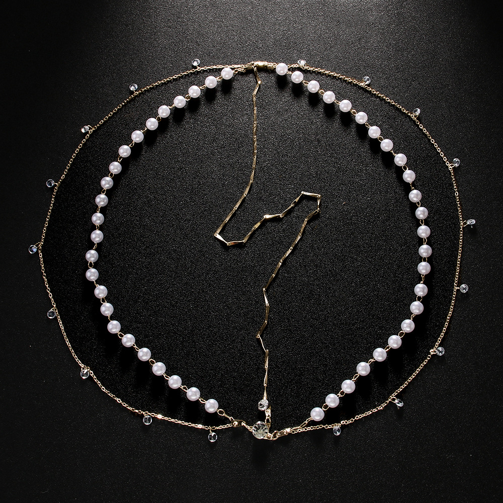 Amazon venta caliente cadena de cabello de perla boda temperamento multicapa jacquard frente cadena de cabello