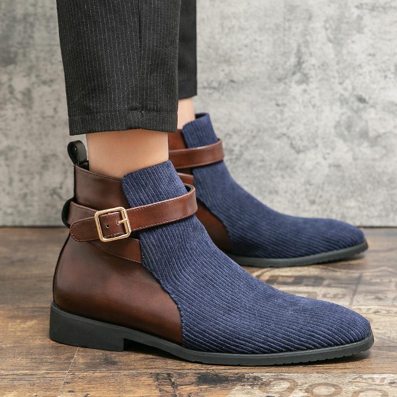 Color-Blocked Corduroy Belt Buckle Men's Leather Boots Low-Heeled Pointed Toe Large Size Autumn and Winter New Retro Export British Men's Shoes