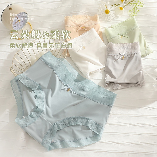 Ice silk panties for women, mid-waist bow, breathable, sexy, ultra-thin, traceless girls, Japanese style stone briefs.