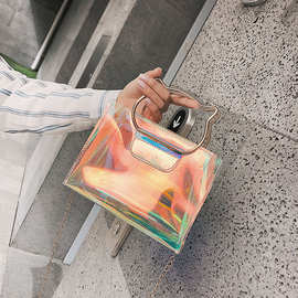 包包女2023新款PVC透明果冻包猫耳朵手提单肩包镭射链条斜挎包