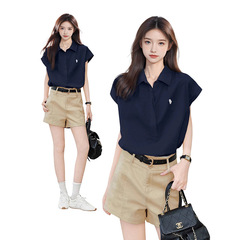 藏蓝色polo领短袖衬衫女夏夏季设计感修身小飞袖衬衣上衣