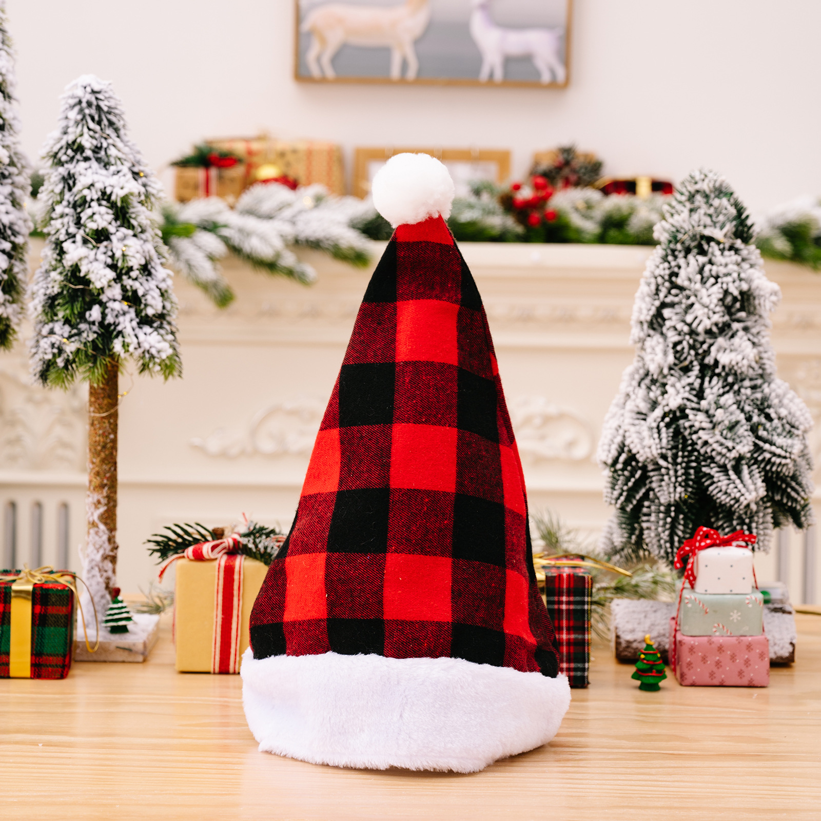 Christmas New Christmas Decoration Plush Edge Plaid Christmas Hat High-end Children's Red and Black Hat Adult Hat_voghion.com