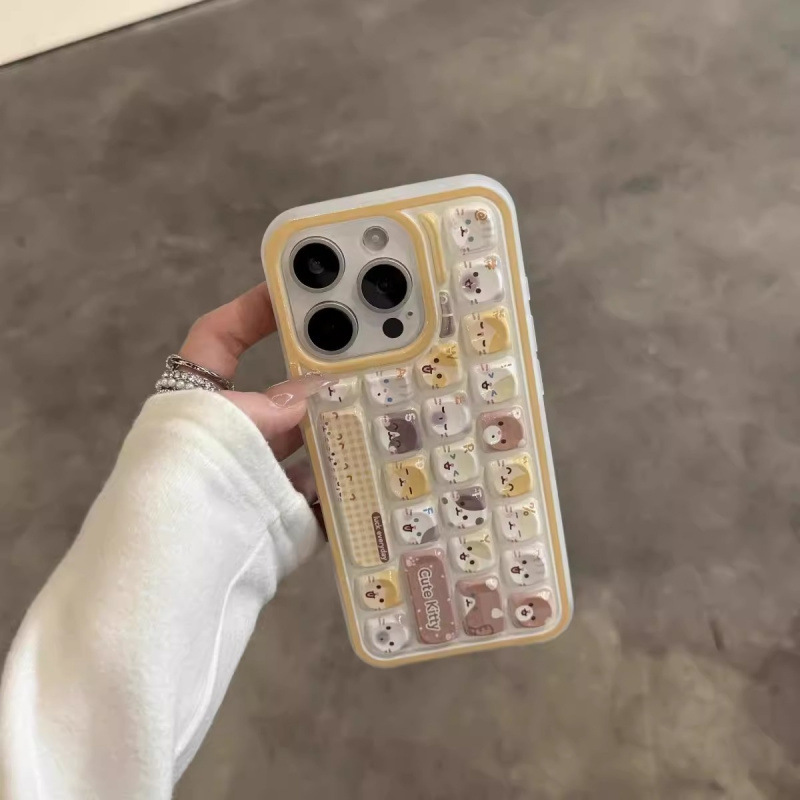 Cute Kitten Keyboard Suitable for Apple 16 Mobile Phone Case Iphone15Promax Anti-Fall 14 Large Holes 13 Cartoon