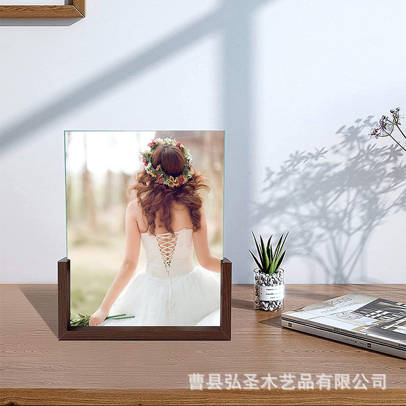 Marco de fotos de madera en forma de U decoración de base de fotos de escritorio de doble cara marco de fotos de vidrio acrílico transparente logotipo impreso