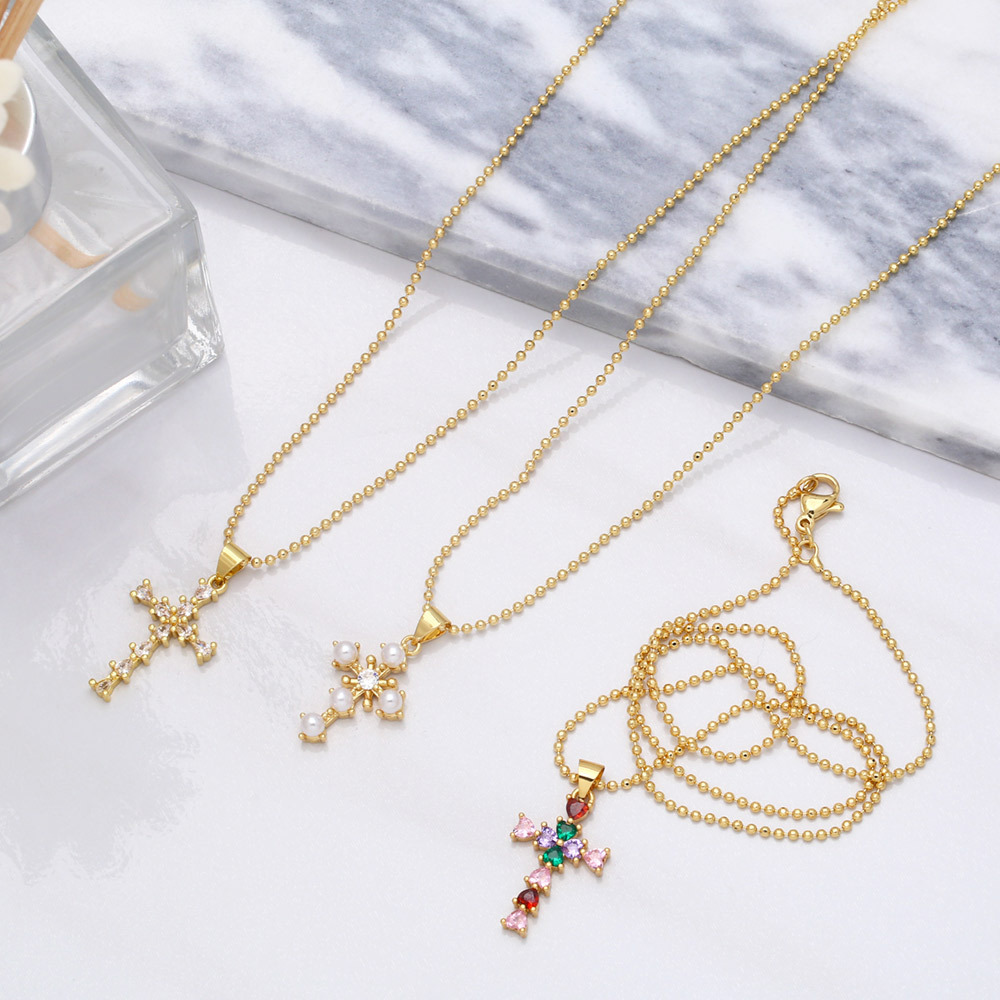 fashion pearl inlaid zircon cross shaped copper necklace wholesalepicture3