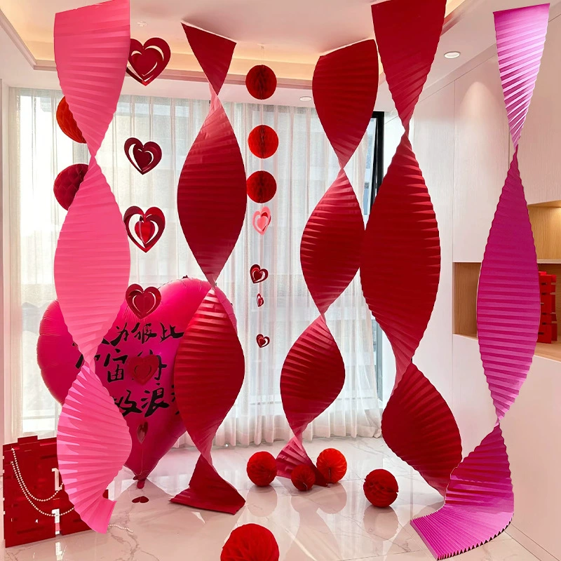 Свадебное оформление свадебной комнаты розовая гофрированная бумага волнистый оригами эркер праздничное украшение свадебный костюм потянуть цветы