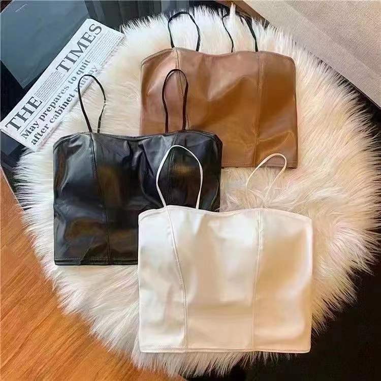 Vintage Leather Underwear Lace Beautiful Back Sling Inner Wearing Fashion Wrap Chest with Chest Pad Vest Outer Wearing All-match Top for Women