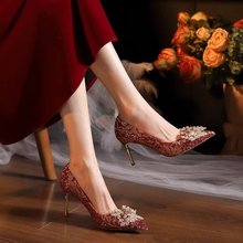 婚鞋女2024年新款气质高级感法式细跟中式新娘鞋红色高跟鞋
