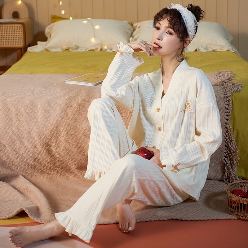 Pijamas de pareja Jiaocaimeng, algodón para primavera y otoño, nuevo estilo 2025, ropa de casa informal para hombre y mujer, estilo europeo y americano