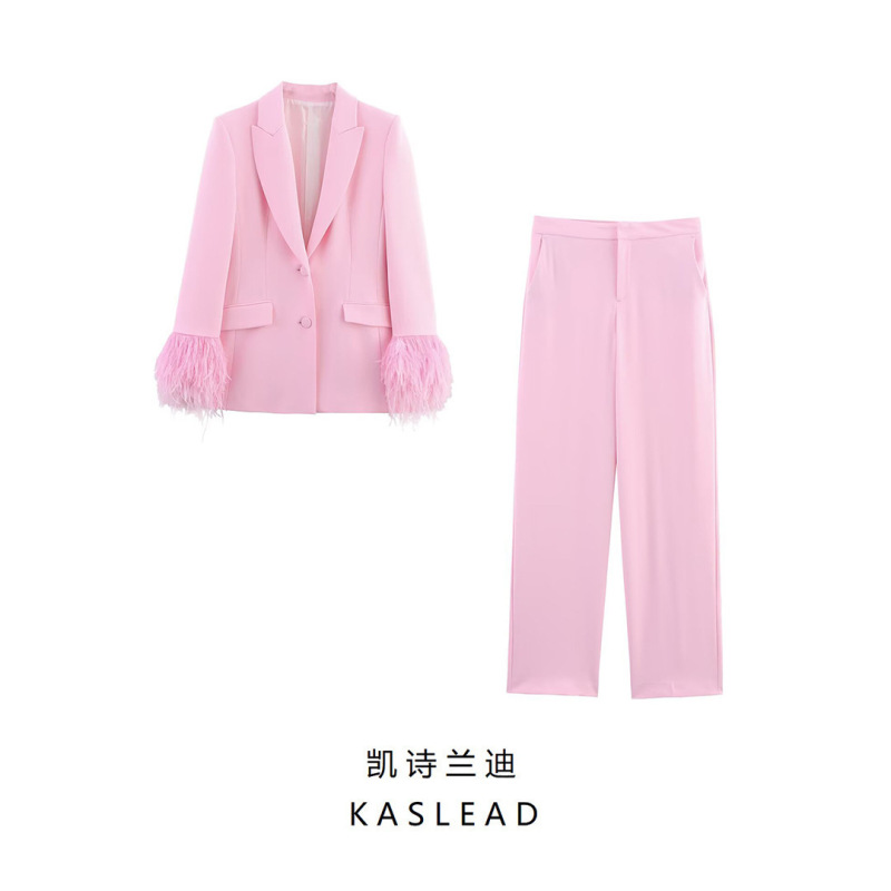 European and American Style Women's Clothing 2025 New European and American Feather Cuff Suit Jacket Pants 7844934 3421324