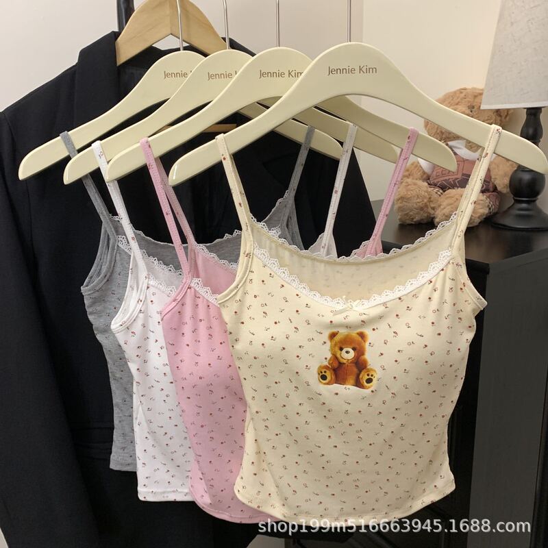 Summer New Cute Sweet Style Bear Printed Camisole Women with Chest Pad Inner Slim Base Top Women