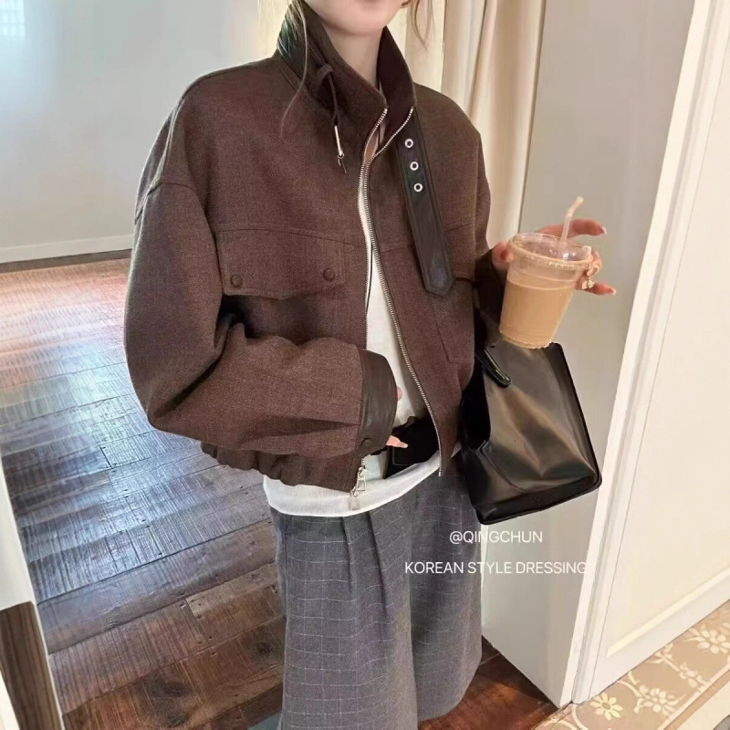 European Style Design Stand Collar Color-Blocking Wool Blend Coat for Women, Autumn 2025 New Slim-Fit Jacket Top