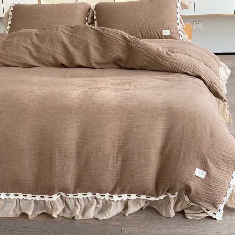 Wabi-Sabi Casual Style Cotton and Linen Four-Piece Set, Pure Cotton and Linen French Ruffle Edge Skin-Friendly Breathable Model Room Bedding