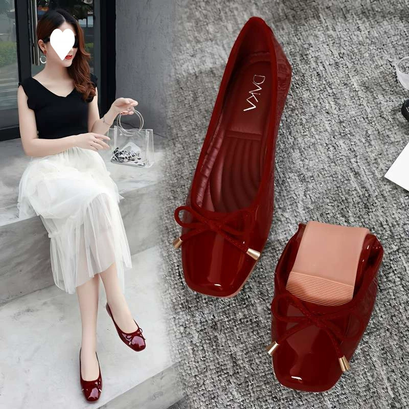 Туфли Doudou 2025, новые весенние красные туфли в корейском стиле, универсальные, квадратный носок, неглубокий вырез, плоские, красные, на мягкой подошве, без застежек.