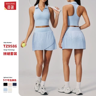 夏季普拉提瑜伽套装女固定杯翻领侧口袋网球服防走光运动短裙9586