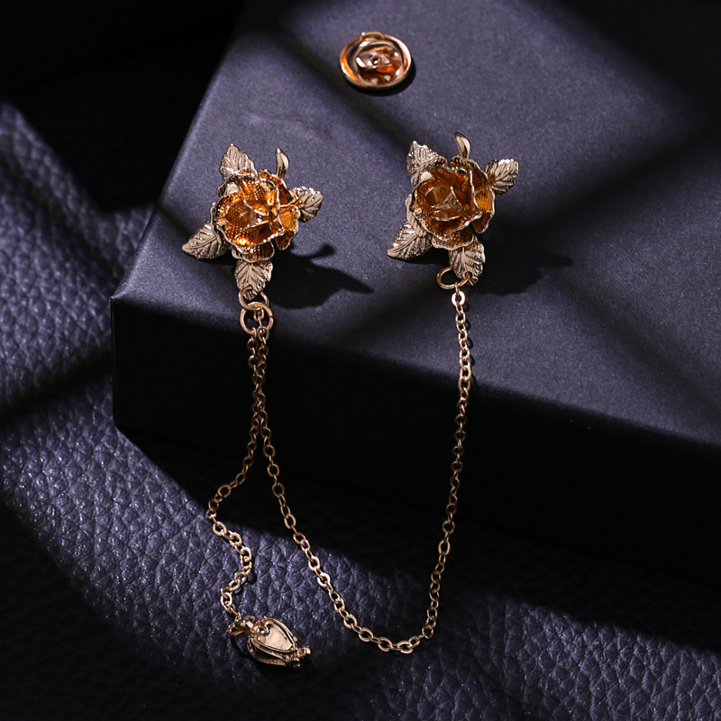 New Alloy Copper Bauhinia Bud Double Pendant Brooch Antique Tassel Chain Handmade Pin Ins Accessories Factory