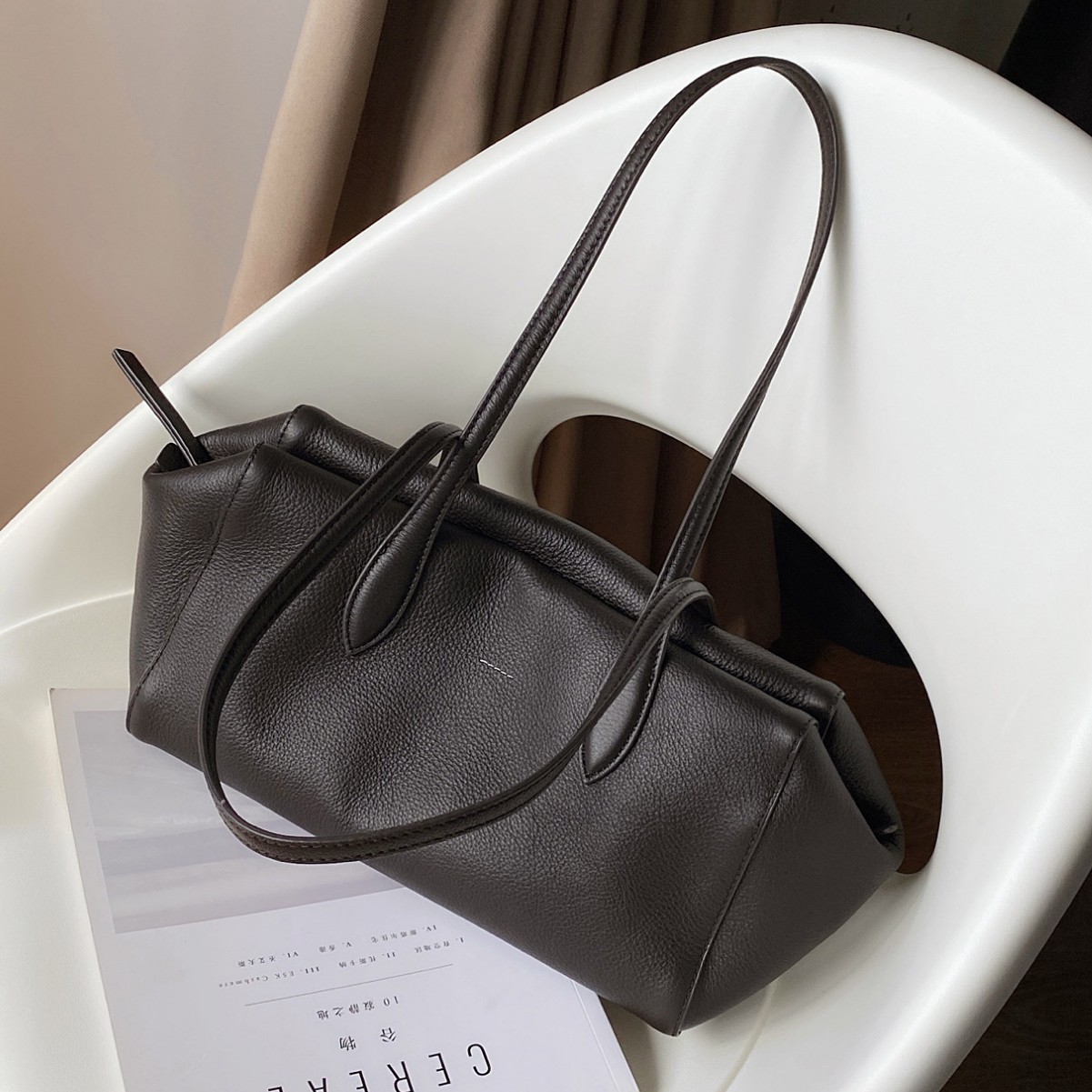 Korean Niche Top Grain Cowhide Underarm Tote Bag For Women, Fashion Genuine Leather Commuter Shoulder Handbag Boston Bag - Thumbnail 4