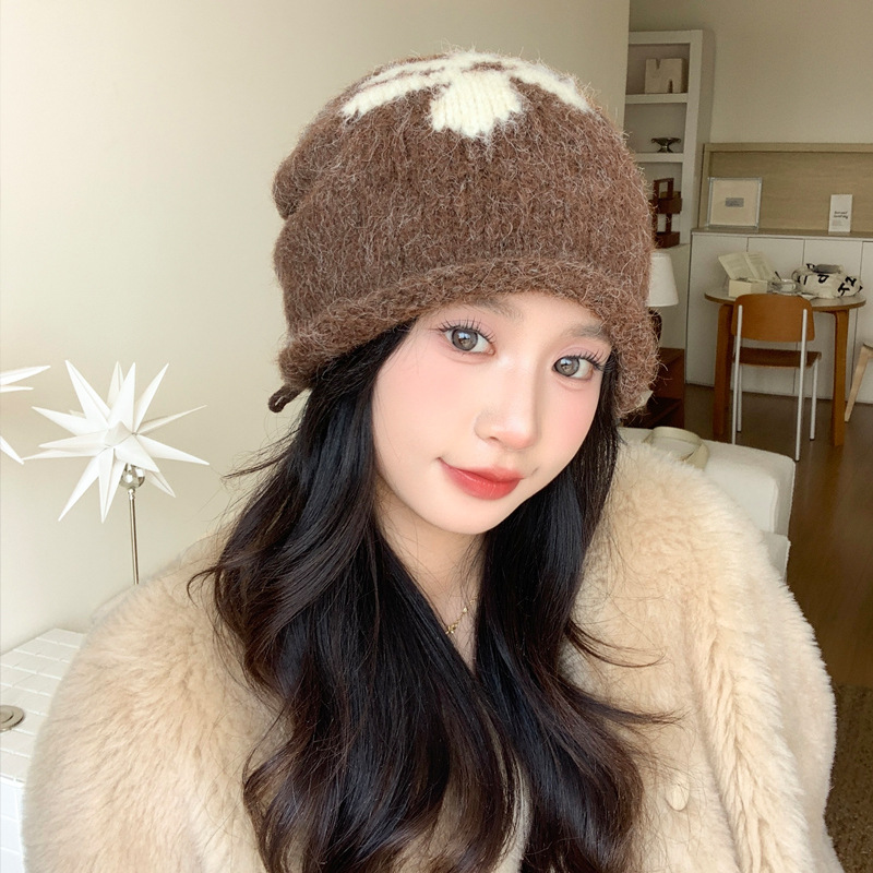 冬天帽子女可爱小花针织帽弹力大头围显脸小毛线帽时尚百搭堆堆帽|undefined
