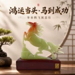 鸿运当头仿玉骏马摆件树脂仿红木底座马到成功工艺品企业开业礼品