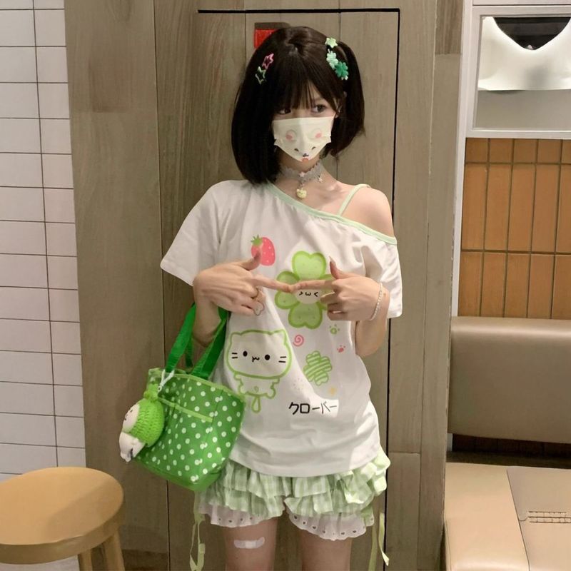 ツーピーススーツ 和風 かわいい 四つ葉のクローバー コントラストカラー オフショルダー 半袖トップス 夏 レースパンツ付き|undefined