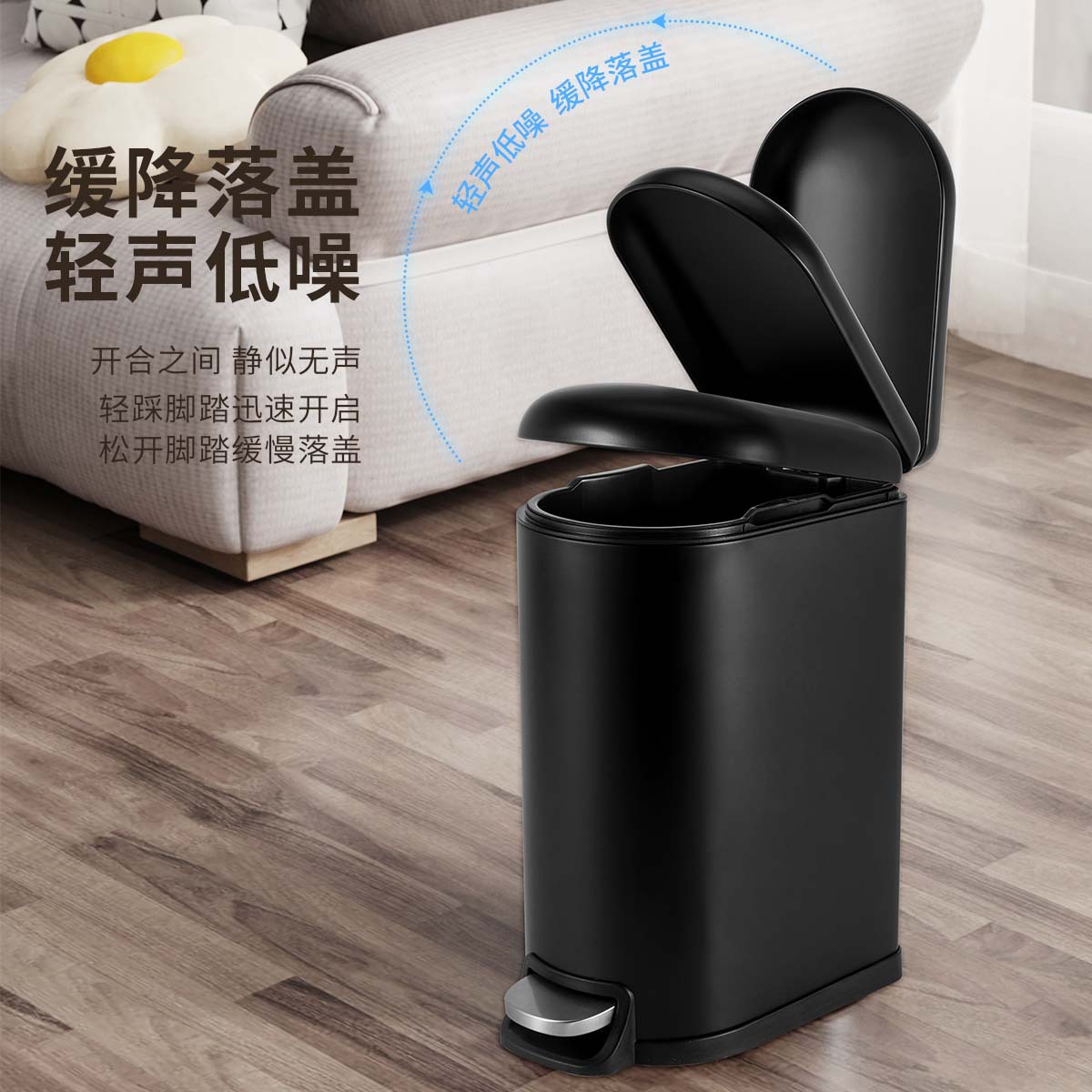 Bote de basura de tapa fija de 10 litros para el hogar negro mate, pie hacia abajo, silencioso, cubo sanitario con tapa, cubo de limpieza de cocina