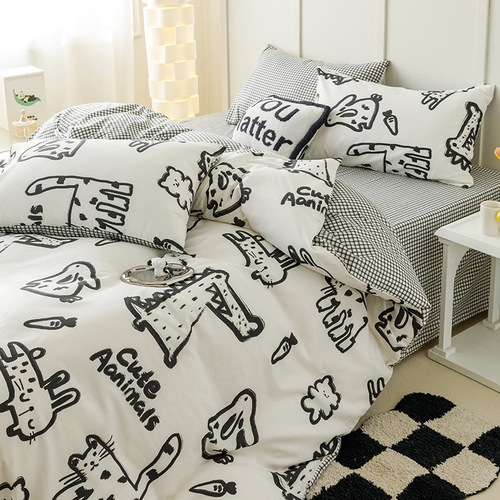 ins black and white graffiti crocodile kitten bed four-piece set pure cotton cartoon 1.5 quilt cover sheet three-piece set