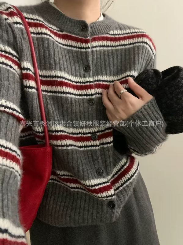 欧货时尚撞色圆领条纹毛衣开衫女秋冬宽松百搭小众设计感针织上衣|undefined