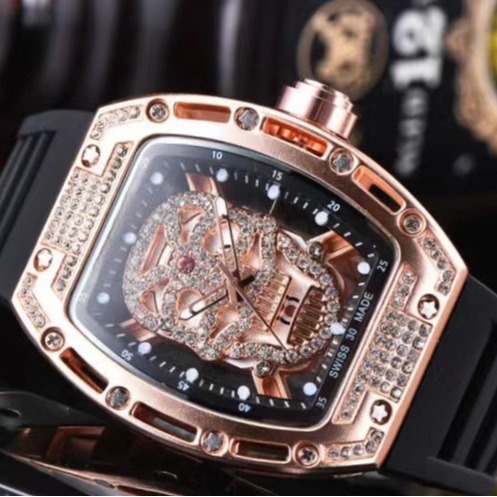 Factory Direct Sales Richard Diamond-Encrusted Skull Men's Fashion Barrel-Shaped Skeleton Silicone Watch Trendy Brand Fashion Watch